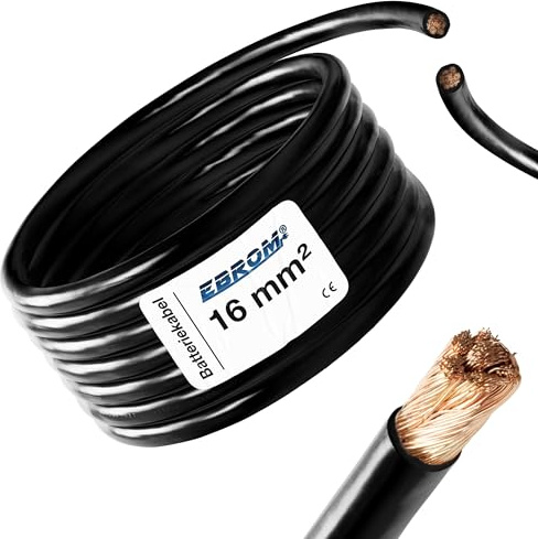 EBROM - 2 Meter Batteriekabel SCHWARZ 16 mm² Batterie Kabel - Vollkupfer | Batterie Kabel - MASSE Kabel - 2 m Länge - für PV, Boot, Solar, Industrie, LKW, KFZ, Caravan und weitere Anwendungsbereiche