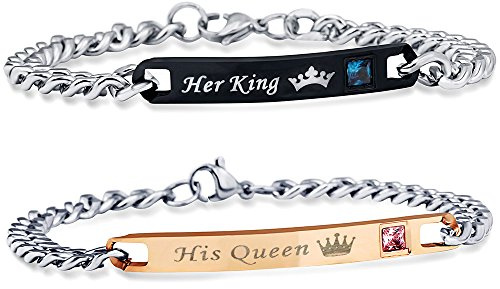 Uloveido Un par de Titanio de Acero Inoxidable Su Reina y su Rey Pulseras de Pareja Regalo de San Valentín de Boda para niño y niña SN116-Par
