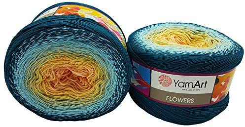 YarnArt Flowers 500 Gramm Bobbel Wolle Farbverlauf, 55% Baumwolle, Bobble Strickwolle Mehrfarbig (grün gelb apricot 270)