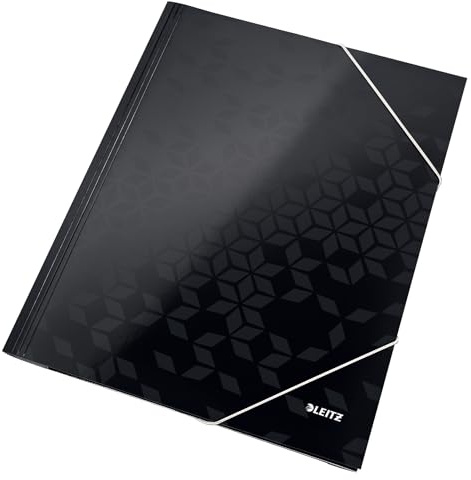 Leitz 3-Flap Folder, Holds up to 150 A4 Sheets, Elastic Closure, Cardboard, Black, WOW Range, 39820095