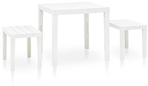 CongVVFV Gartentisch mit 2 Bänken aus Kunststoff in Weiß, Gartenmöbel-Set aus strapazierfähigem und wetterbeständigem Material für den Außenbereich, inklusive 1 Tisch und 2 passende