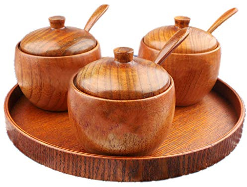 kdjsic Natural Wooden Salt Cellar Box Spice Sugar Bowl Pepper Box Salt Seasoning Container Storage Box With Lid And Spoon