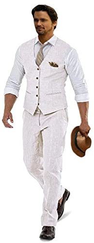 Furuyal Leinenanzüge für Herren, lässige Hochzeitsanzüge, Herren, 2-teilige Anzüge, Trauzeugen, Smoking, Sommer, Strand, Abschlussball, Weste und Hosen-Set, Elfenbein, 3XL