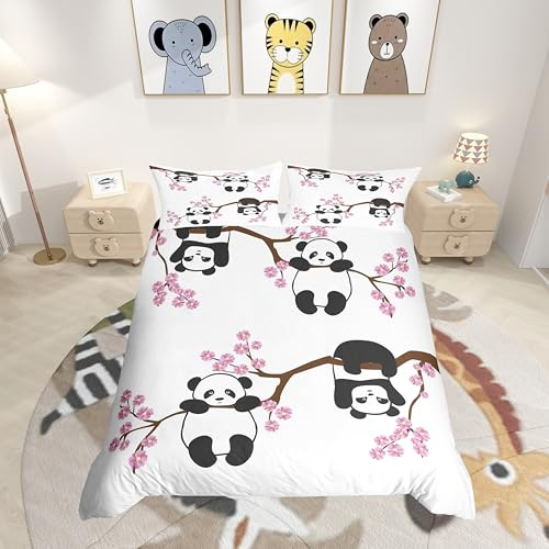 Homemissing Ensemble De Housse De Couette Panda Mignon pour Filles Garçons Enfants Dessin Animé Panda Géant Ensemble Literie Fleurs Cerisier Housse Couette Amoureux Animal 140X200CM