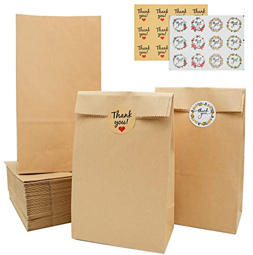 Elodyunhc 50 Stück Papiertüten Braun 13 x 24 x 8 cm, Geschenktüten mit 60 Aufkleber, Kraftpapiertüten Geschenktüten Braun Tüten für Verpacken von Geschenken, Giveaways, Kindergeburtstag, Weihnachten