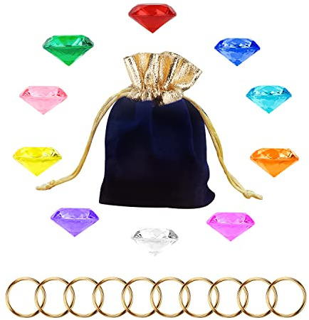 Acryl Diamant Edelsteine und Goldring Set, Mädchen Acryl Diamant Spielzeug Beutel mit 10 Acryl Diamanten 10 Gold Power Ringen für Kuchendekoration, Dekoration, Geburtstagsfeier, Geschenkartikel