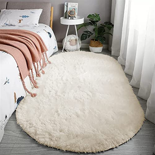 Reyox Teppich Oval Hochflor Shaggy rutschfest Pflegeleicht, Flauschig Weich Langflor Teppich für Wohnzimmer Schlafzimmer Bettvorleger Beige 60 x 120 cm