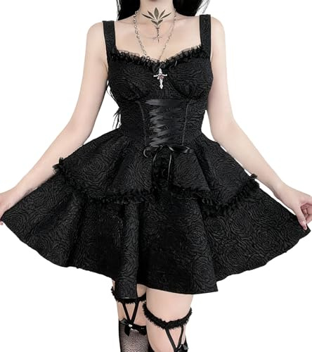 DINGJIUYAN Gothic A-Line Pleated Hem Swing Dress Women Harajuku Summer Lolita Lace Trim Dresses Ladies Y2K Retro Grunge Streetwear Dresses Halloween