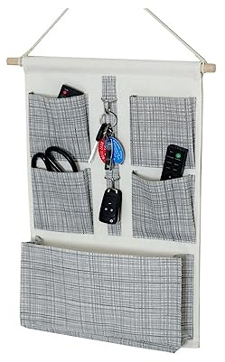 EBETA E Hängeorganizer Tür Wand Organizer Utensilientasche Hängende Aufbewahrungstasche für Eingang Garderobe Badezimmer 5 Fächer mit 2 Schlüsselhaken (Graulinien)