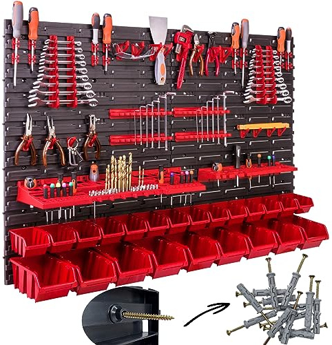 23 tlg. Stapelboxen Werkzeugwand 115x78cm Set mit 36 stck. Dübel Werkzeughalter Wandregal Werkstattregal Lagersystem Schüttenregal Sichtlagerkästen Extra Starke Wandplatten Regal Erweiterbar