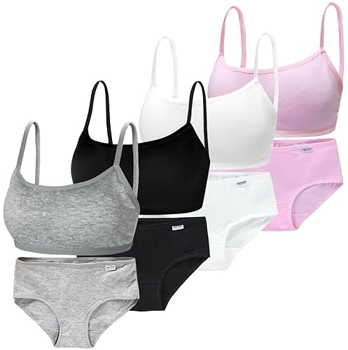 Young Girls Bras Cotton Teenage Underwear Removable Chest Pad Sports Training Bra Crop Tops for 7-12 Years Girls- 4 Pieces/4 Set