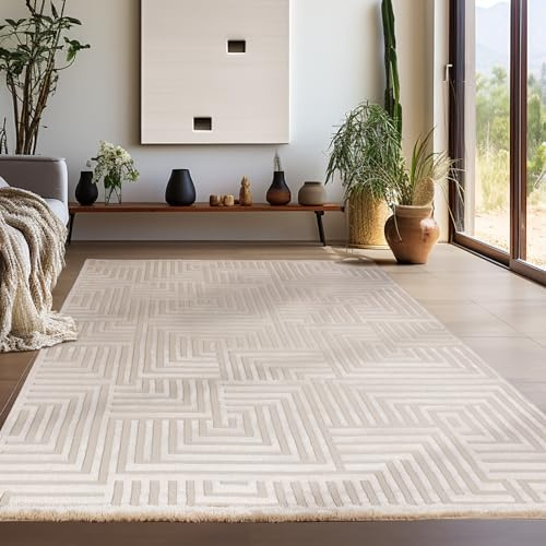 Teppium Kurzflor Teppich Läufer Flur 80 x 250 cm Beige - 3D Boho Teppich Waschbar, Skandinavisches Stil, Geometrisch und Weich - Ideal als Bettvorleger im Schlafzimmer, Küchenläufer, Wohnzimmerteppich