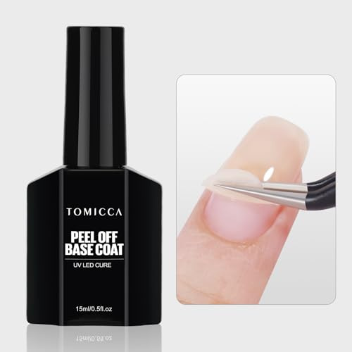 TOMICCA Peelable Base Coat, 15ML Clear Peel off Gel Base for Nail Art Design Manicure Gifts for Girls, UV Lamp Required, Easy to Apply, No Chips, Durable & Safe for DIY Home Manicure Salon Use