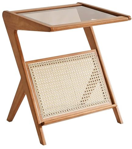 BRBOQW Holz Rattan Sofa Beistelltisch,Kreativer Klein Couchtisch Wohnzimmer-Akzenttisch mit Regal für Wohnzimmer,A,48x42.5x56cm(19x17x22inch)