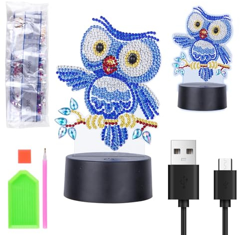 Awroutdoor Geschenk Mädchen 4 5 6 7 8 9 10 Jahre, Basteln Diamond Painting Kinder Blaue Eule, Diamond Painting Nachtlicht Basteln am Kindergeburtstag, Weihnachtsgeschenke für Kinder