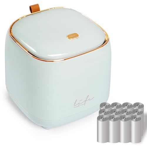 PANDENNER Mini Countertop Trash Can with 10 Rolls of Trash Bags, Desk Tiny Trash Can with Press Type Lid, Desktop TrashCan Applicable for Bathroom Vanity Home Office (Light Blue)