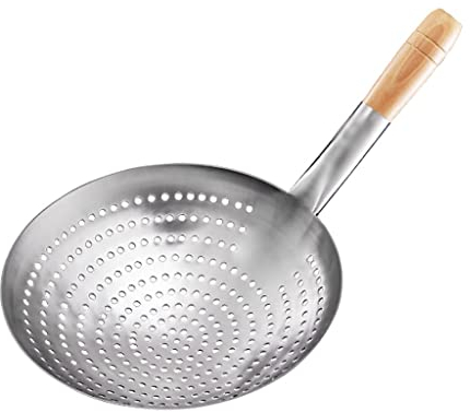 Cucharas Ranuradas para Cocinar Espumadera de cocina, colador de acero inoxidable for cocina, colador con mango de madera, colador grande de grado comercial for restaurantes de hoteles familiares (10,
