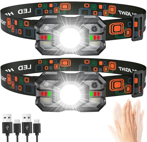 Linterna frontal LED recargable, paquete de 2: linterna frontal súper brillante de 2000 lm, tiempo de funcionamiento de 20 horas, 5 + 1 modos, linterna frontal ajustable con sensor de movimiento, faro