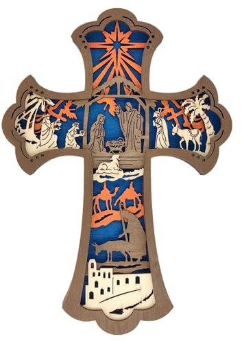 Holzkrippen-Wandkreuz – Weihnachts-Wandskulptur-Ornament, Holzkreuz-Wandkunst-dekorr | Handgefertigtes, Handgeschnitztes Auferstehungskreuz, Geschnitzte Religiöse Wanddekoration Für Die Dekoration