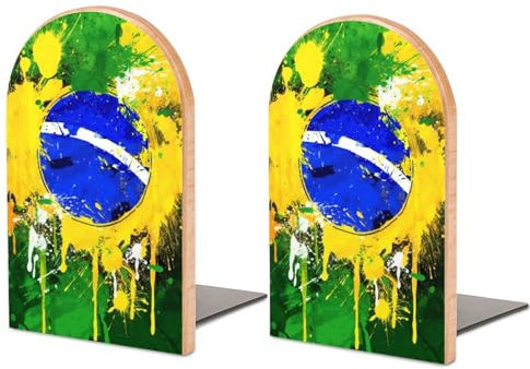 Stück Buchstützen aus Holz, Buchstützen mit brasilianischem Flaggen-Design für Regale, rutschfeste Buchstützen für Büro, Zuhause und Küche, Buchstützen zum Aufbewahren von Büchern, 12,7 x 7,6 cm