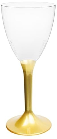Monouso | 20 Copas de Plástico para Vino, PS, 180ml, Pie Dorado, Reutilizable, Elegantes, Copas Transparentes, Ideales para Fiestas y Celebraciones, Hasta 125 usos