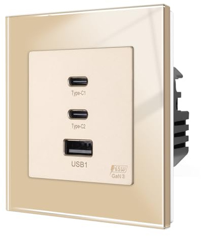 CNBINGO USB C Charger, Quick Charge Socket Flush-Mounted, GaN PD 65 W, 3 Ports Charger, Wall Charging Socket with Tempered Glass Plate