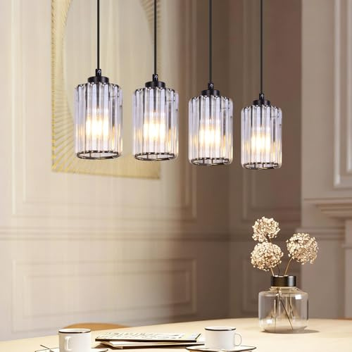 ZMH Pendelleuchte Esstisch Küchenlampe Hängend - Hängelampe Wohnzimmer E27 Esstischlampe Schwarz Schlafzimmer Hängeleuchte 4 Flammig Glas Pendellampe Esszimmer Kristall für Küche(ohne Leuchtmittel)