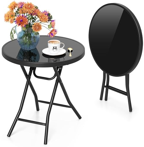 GIANTEX Beistelltisch Klappbar, Gartentisch mit Glas-Tischplatte & Metallrahmen, 46 x 46 x 48 cm runder Balkontisch Klein, Outdoor Terrassentisch für Garten & Balkon (Braun + Schwarz)