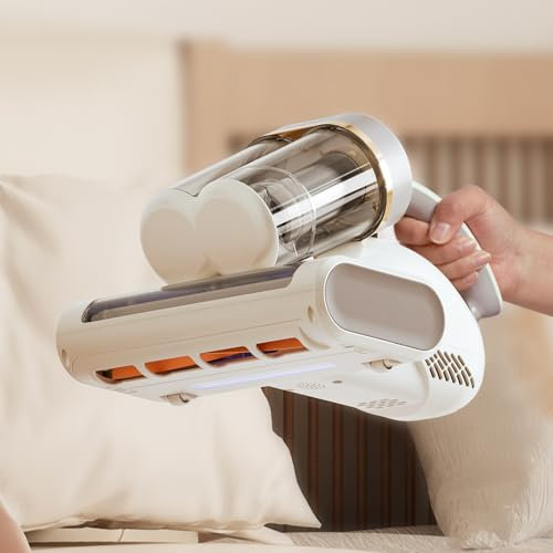 Tjean Aspirador de ácaros UV para colchones, doble depósito de polvo, luz UV y ultrasonidos, filtro HEPA, función de viento caliente, antiácaros, polvo y pelo de mascotas en colchones, sofás