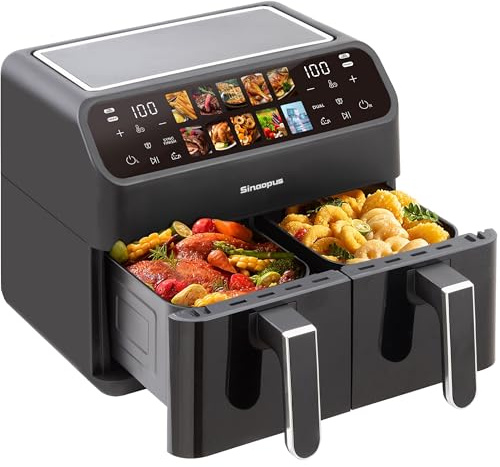 Sinaopus Heißluftfritteuse Airfryer, Dual Zone Heißluftfritteuse 9L – Doppelkammer XXL 2000 W, LED-Touchscreen, 10 Programme, Friteuse Heissluft ohne Öl, Airfryer mit 2 Körben(9L-901A)
