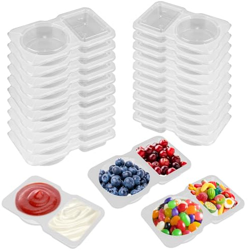 OFC Lenw 20PCS Double Compartment Condiment Containers, Reusable Snack Pack Containers with Lids, Portable Clear Plastic Snack Pots for Sauce Snacks, Ideal for On-the-Go Meals and Parties