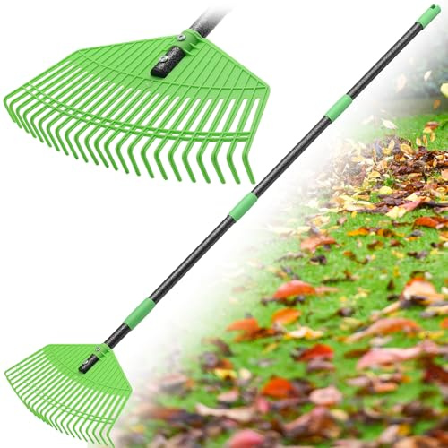 Rechen, 107cm Laubrechen mit Verstellbar Stiel mit Verstärkten 23Zinken, 42cm Große Fläche Gartenrechen Laubharke Rasenrechen aus Kunststoff zum Reinigen von Pflanzen, Rasen und Hof