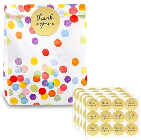 AMFUN 50 Stück Geschenktüten Kindergeburtstag, Kleine Papiertüten Kindergeburtstag mit 60 Aufkleber, Bunt Candy bar Tüten für Mitgebsel Geschenken Verpacken Party Valentinstag Hochzeit