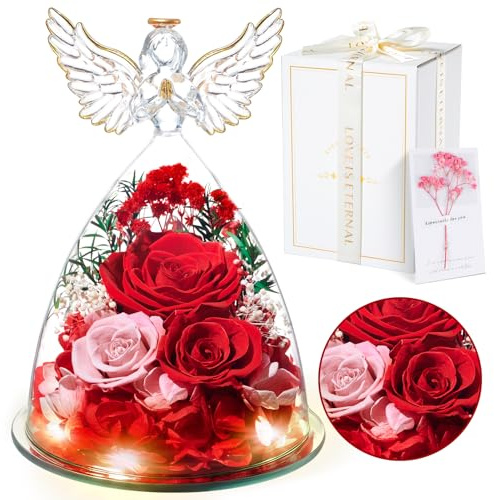 Mother's Day Preserved Real Rose Gift for Women, Forever Rose in Glass Angel Birthday Gifts for Mum Women Wife Grandma, Eternal Flowers Present for Her on Christmas, Anniversary, Mother's Day