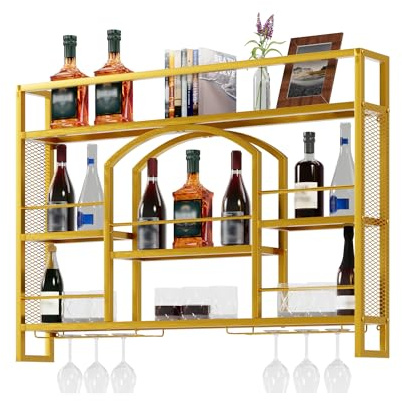 UEV Porte Bouteille Mural 120cm, Casier à Vin en Métal, Porte-Verre à Vin, avec Lumière LED de 15 Couleurs, Étagère de Rangement pour Vin, Style Industriel, pour Cuisine, Bar (Or, 118x15x81cm)