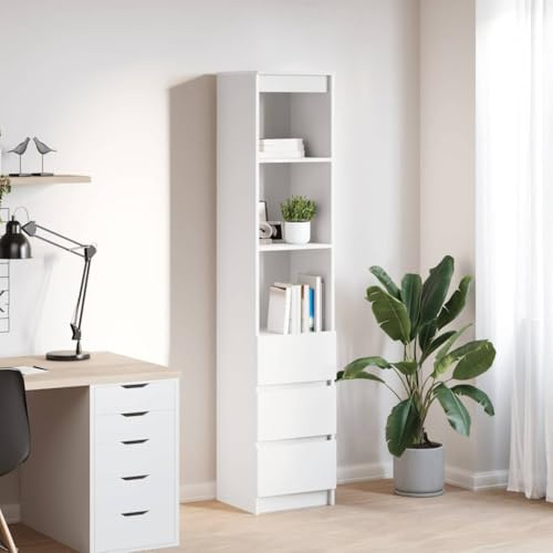 HaoChrymec Highboard mit Holzwerkstoff, Mehrzweckschrank, Viel Stauraum, 3 Schubladen und 3 Ablagen, Flexibler Aufbewahrungsschrank, Badschrank, Küchenschrank, Wohnzimmer, Weiß, 37.5 x 35 x 180 cm