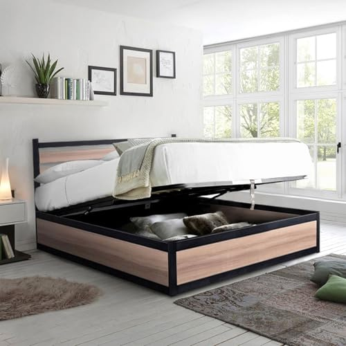 SAMPUR - Lit Coffre Style Industriel avec tête de lit et sommier à Lattes | Espace de Stockage XXL | Robuste et Large Angle d’Ouverture (Bois Clair, 90x190 cm)