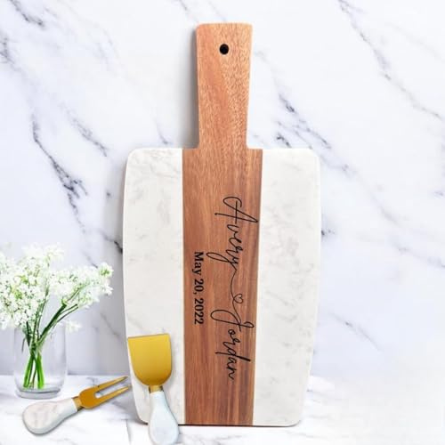 Tabla de cortar personalizada, tabla de cortar personalizada de mármol y madera, regalo para inauguración de la casa, aniversario (35 x 18,5 cm, blanco)