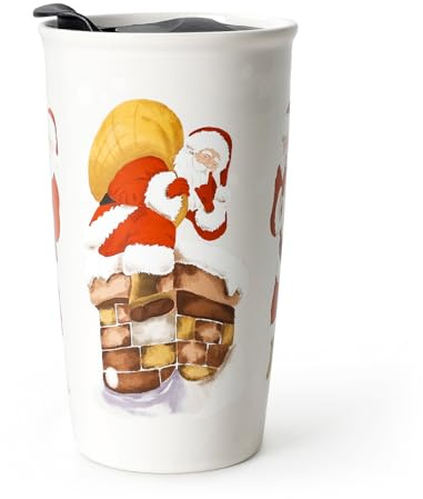 ANTIS'S HOME Santa Christmas Mug with Lid – 300ml Double Wall Ceramic Coffee Cup for Hot Chocolate & Tea | Reusable Holiday Travel Mug for Work, Parties & Festive Fun – Santa in Action