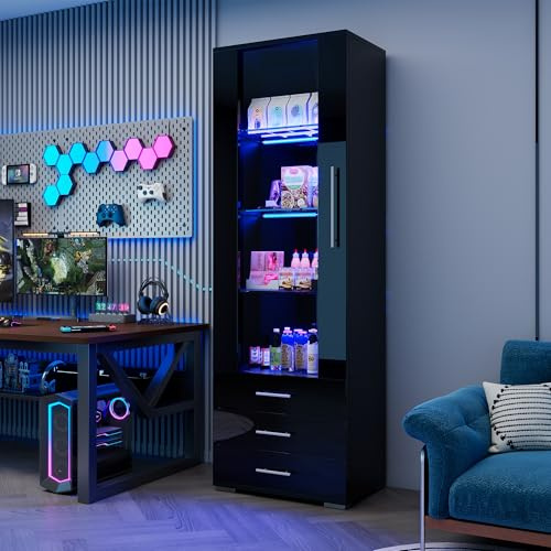 Merax Schwarz Hochglanzvitrine, Glasvitrine mit LED-Beleuchtung, Vitrine Stehend mit 3 Böden und 3 Schubladen, Hochschrank für Wohnzimmer/Schlafzimmer, Schwarz Hochglanzfront, 60x35x180cm