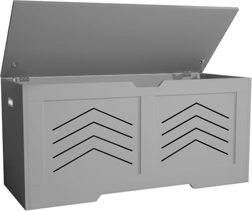 Blisswood Toy Storage Box with Lid & Safety Hinges, Wooden Storage Chest Trunk, Large Blanket Box, Storage Bench & Toy Organizer (Grey, 100 x 48 x 40 Cm)