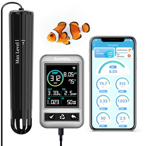 kactoily Smart Aquarium Monitor, Multi-Parameter Fish Tank Water Tester for pH, Salinity, SG, ORP, TDS, EC & Temp with Real-Time App Alerts