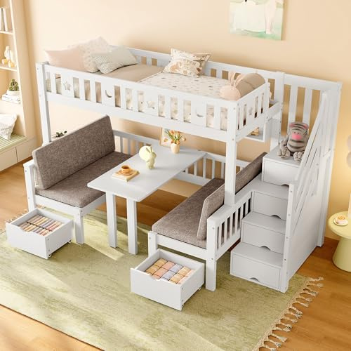 Merax Multifunktionales Hochbett Kinder 90x200 cm, 2-in-1 Bett & Sofa mit Stauraumtreppe, Schubladen & Tisch – Etagenbett mit dekorativem Zaun, Sterne & Mond, Weiß, ohne Matratze