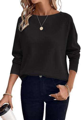 YUTILA T-shirt à manches longues pour femme - Col rond - Léger et ample - Élégant et décontracté - Sweat-shirt doux et surdimensionné, Noir , XL