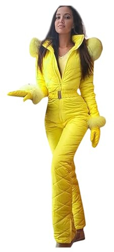 Enfärgade skiddräkt för kvinnor, onesie skiddräkt för kvinnor med fuskpäls huva, dragkedja smal passform onesies snödräkt utomhussport jumpsuit vattentät vindtät snödräkt mode termisk overall, gUL, XL