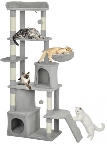 PawHut Cat Tree, 170 cm Large Cat Tower for Indoor Kittens, Light Grey | 7 Scratching Posts, 1 Tunnel, 2 Condos, 1 Hammock, 1 Perch, 1 Ramp, 4 Platforms, 2 Pompoms, Multi-Level Kitty House