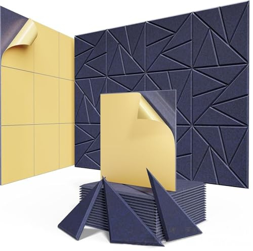 Hiseng 12 Pack Acoustic Wall Panels Self Adhesive Sound Proofing Panels High Density Felt Acoustic panels for Walls 30x30cm for Office Bedroom Recording Studio Home - Triangle (Navy Blue,30x30cm)