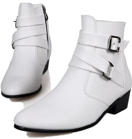 ENWIND Botas De Cuero De Los Hombres Botas De Motocicleta Vaquero con Cremallera Botines Chukka,Blanca,45 EU
