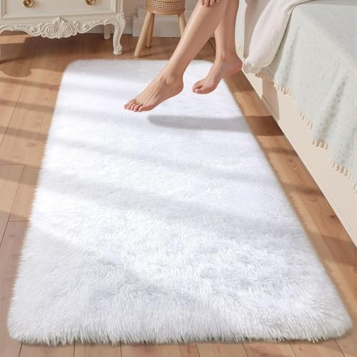 Treeboy Hochflor Teppich Weiß Teppich Wohnzimmer 60x120 Schlafzimmer | Rutschfest Schlafzimmer Teppich Waschbar Flauschiger Wohnzimmerteppiche Zottelige Weich Teppiche für Kinder Wohnzimmer Läufer