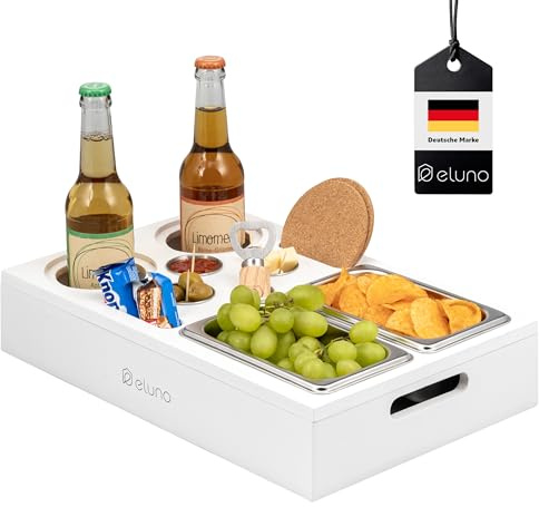 eluno Couchbar mit abnehmbarem, magnetischem Deckel, Serviertablett, inklusive 2 Snackschalen, 3 Dipschälchen, 2 Getränkehalter mit Korkuntersetzer,1 Flaschenöffner aus Bambus (Weiß)